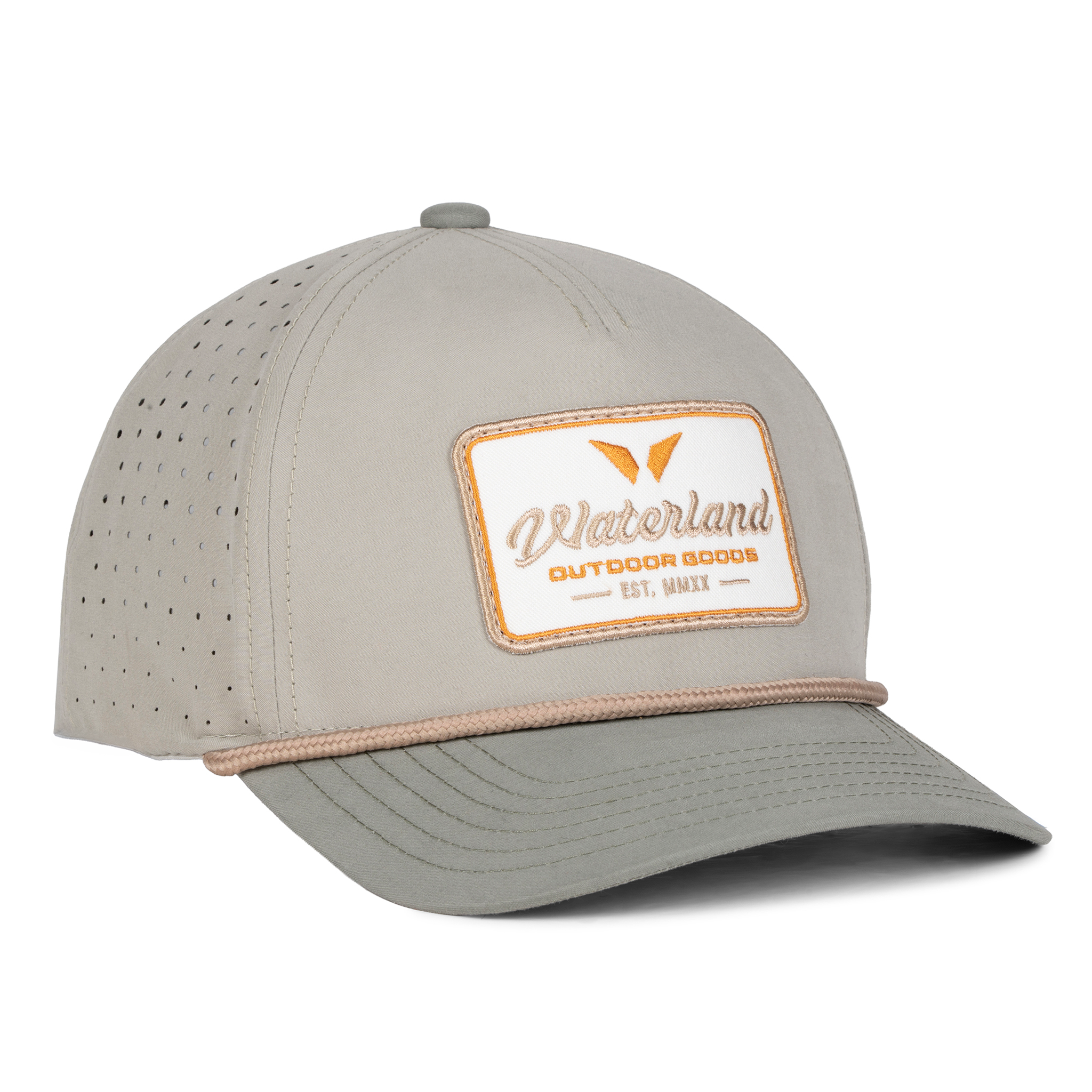 Gray cap with a "Waterland Co." patch on a white "background