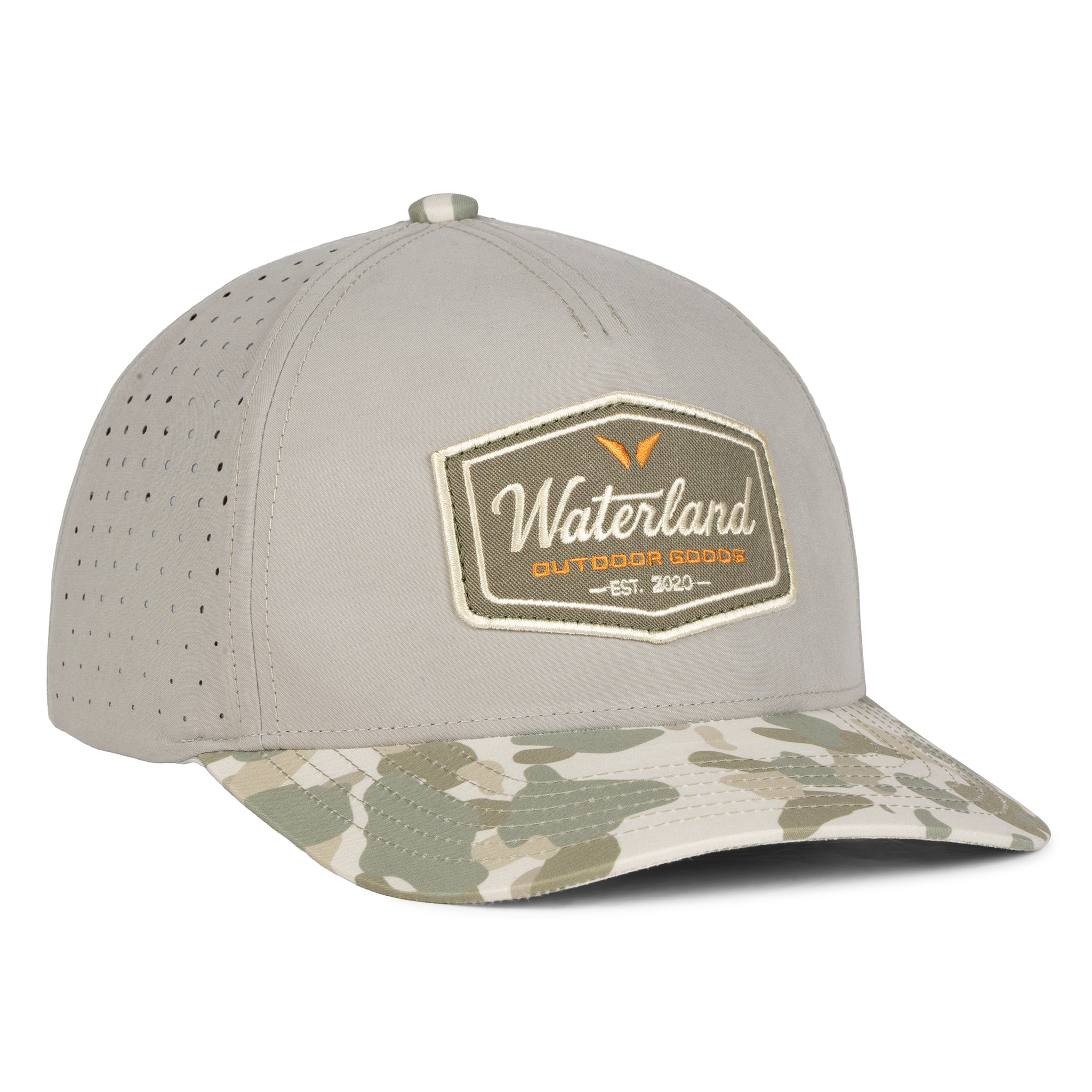 Gray cap with camouflage brim and Waterland Outdoor Guides logo on a white background
