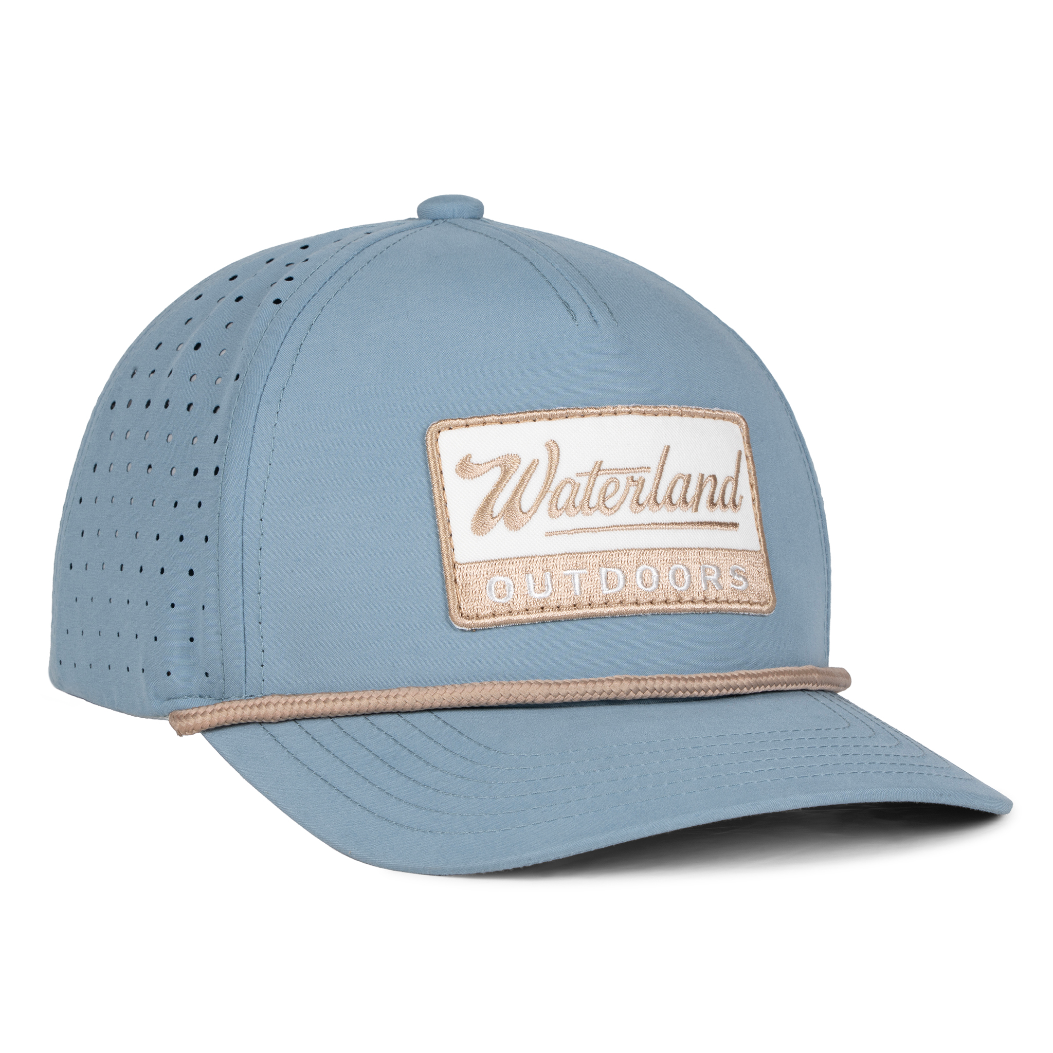 Blue cap with a leather patch on a white background