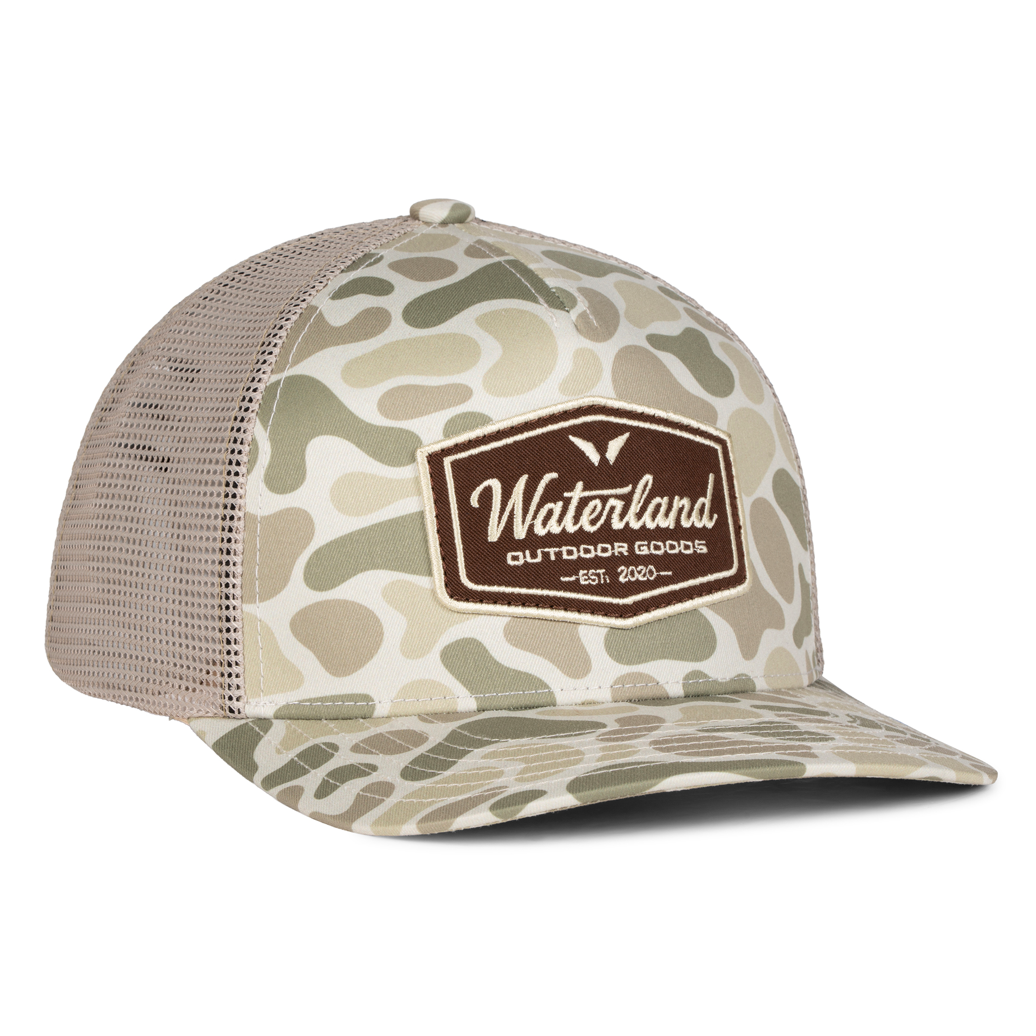 Camouflage cap with 'Waterland Outdoor Goods' logo on a white background