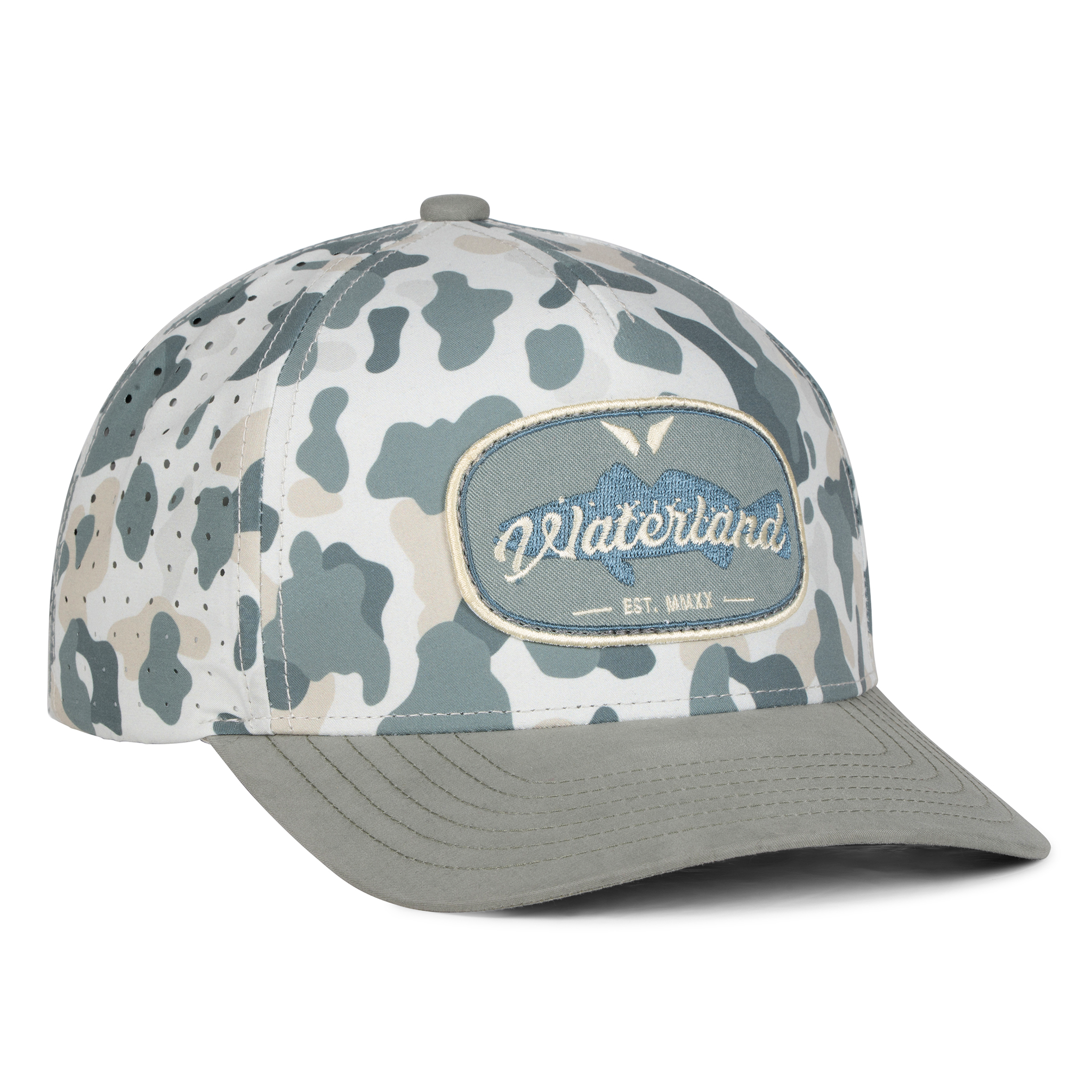 Camouflage-patterned cap with 'Waterland' logo on a white background