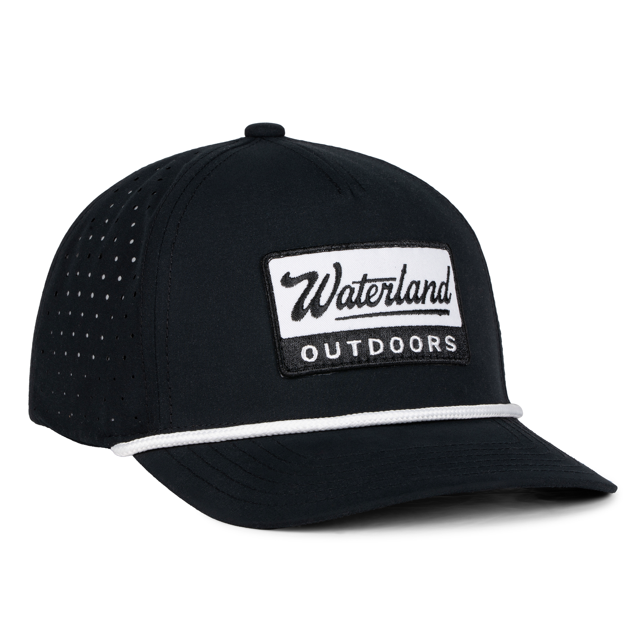 Black cap with 'Waterland Outdoors' logo on a white background