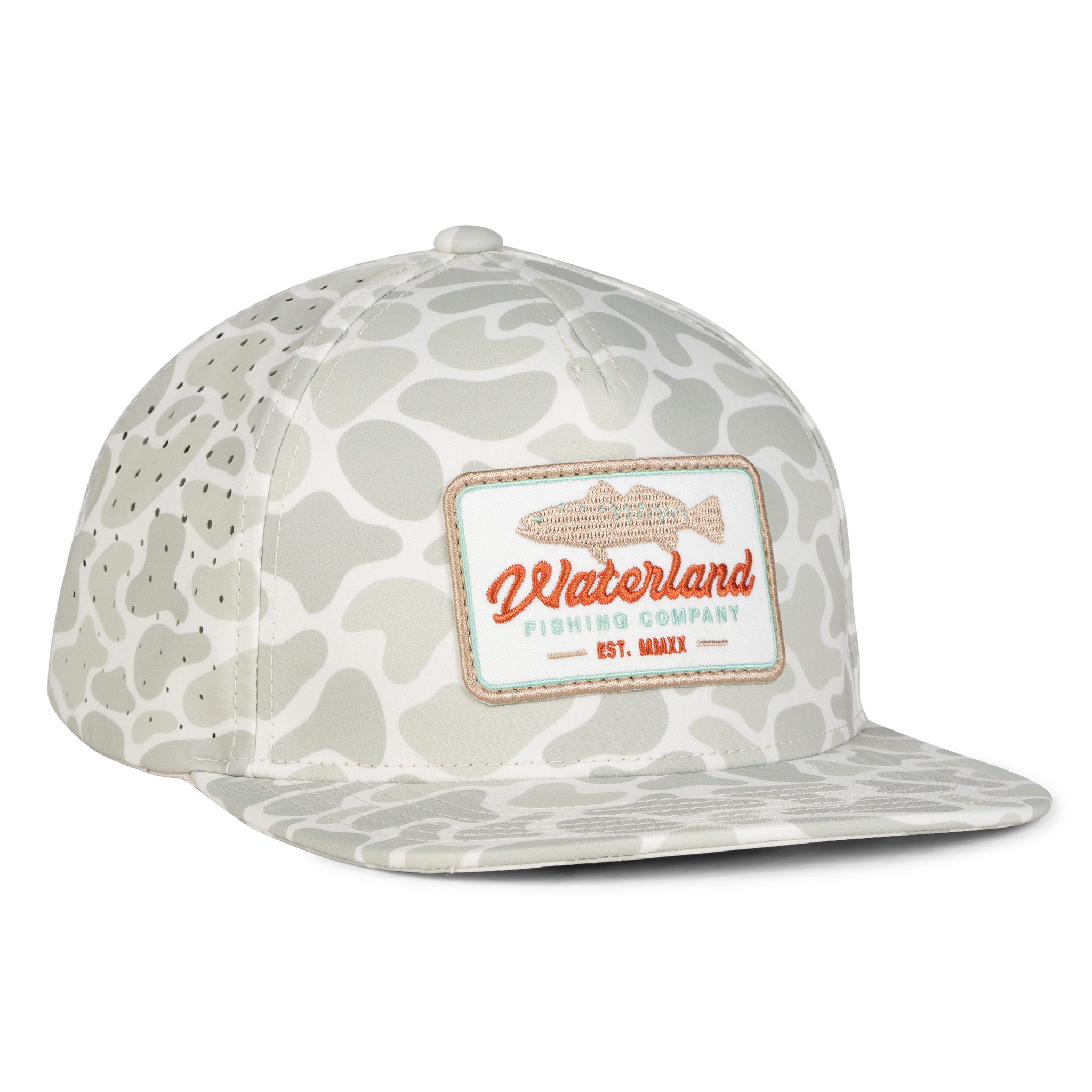 Camouflage-patterned cap with a patch on a white background